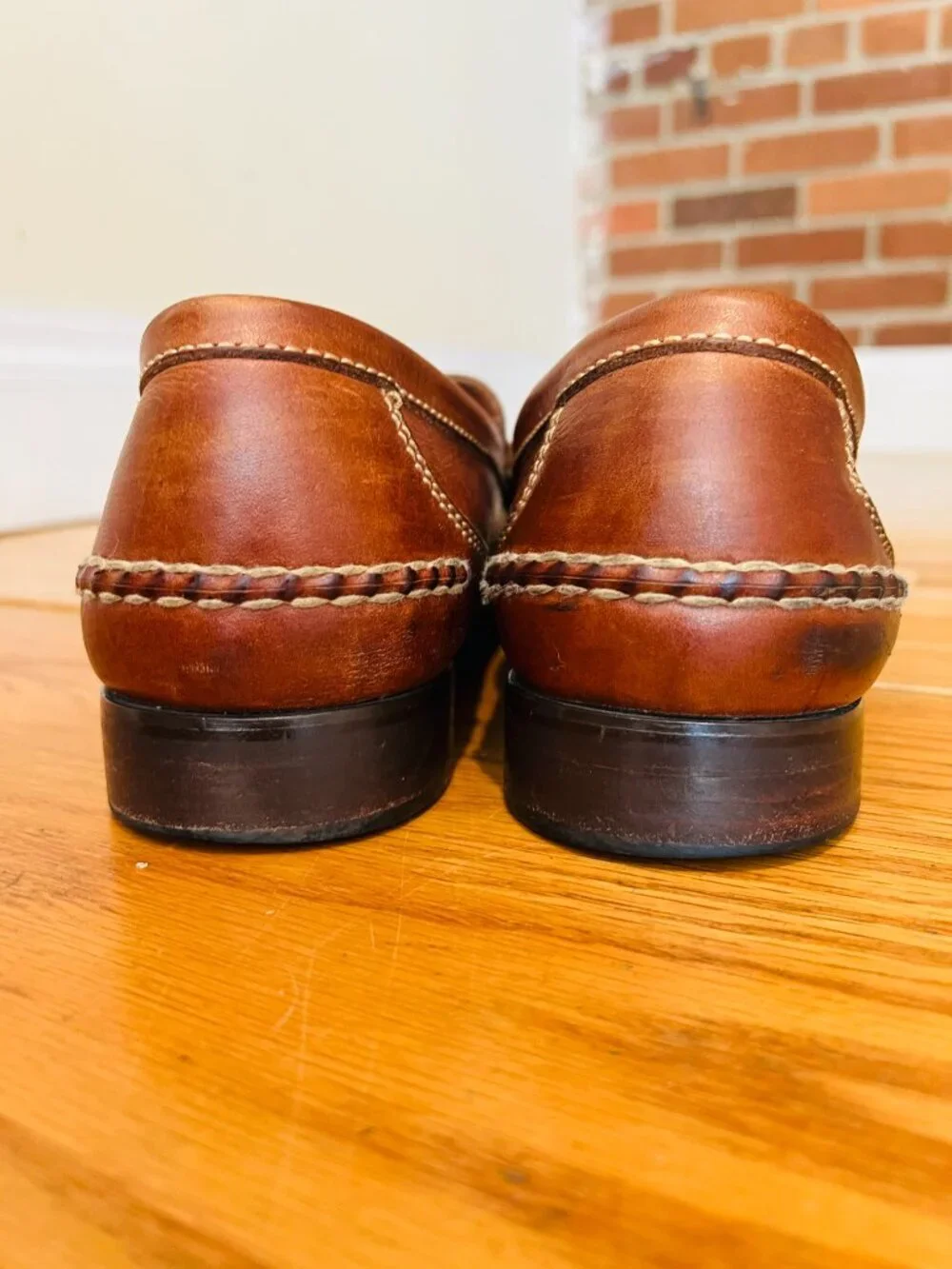 Bostonian Stadium Penny Loafers in brown leather, featuring a woven basket weave